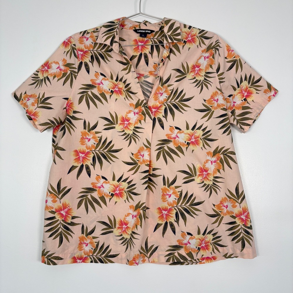 Lands' End Women Top L Peach Pink Tropical Hibiscus Floral Short Sleeve Cotton